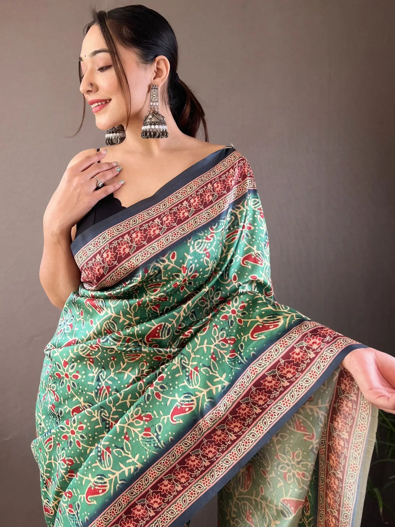 Astonishing Green Digital Printed Silk Traditional Wear Saree With Blouse