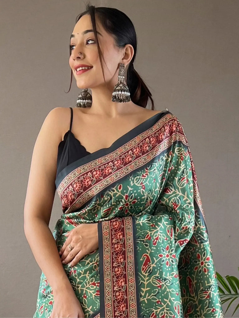 Astonishing Green Digital Printed Silk Traditional Wear Saree With Blouse