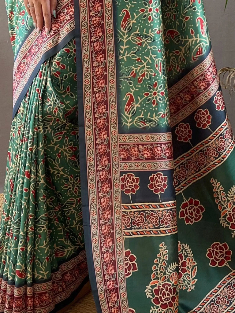 Astonishing Green Digital Printed Silk Traditional Wear Saree With Blouse