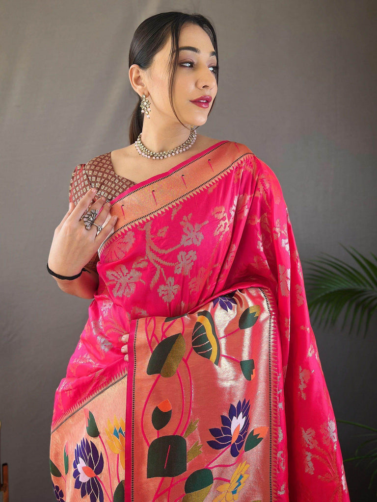 Amazing Pink Weaving Paithani Silk Festival Wear Saree With Blouse