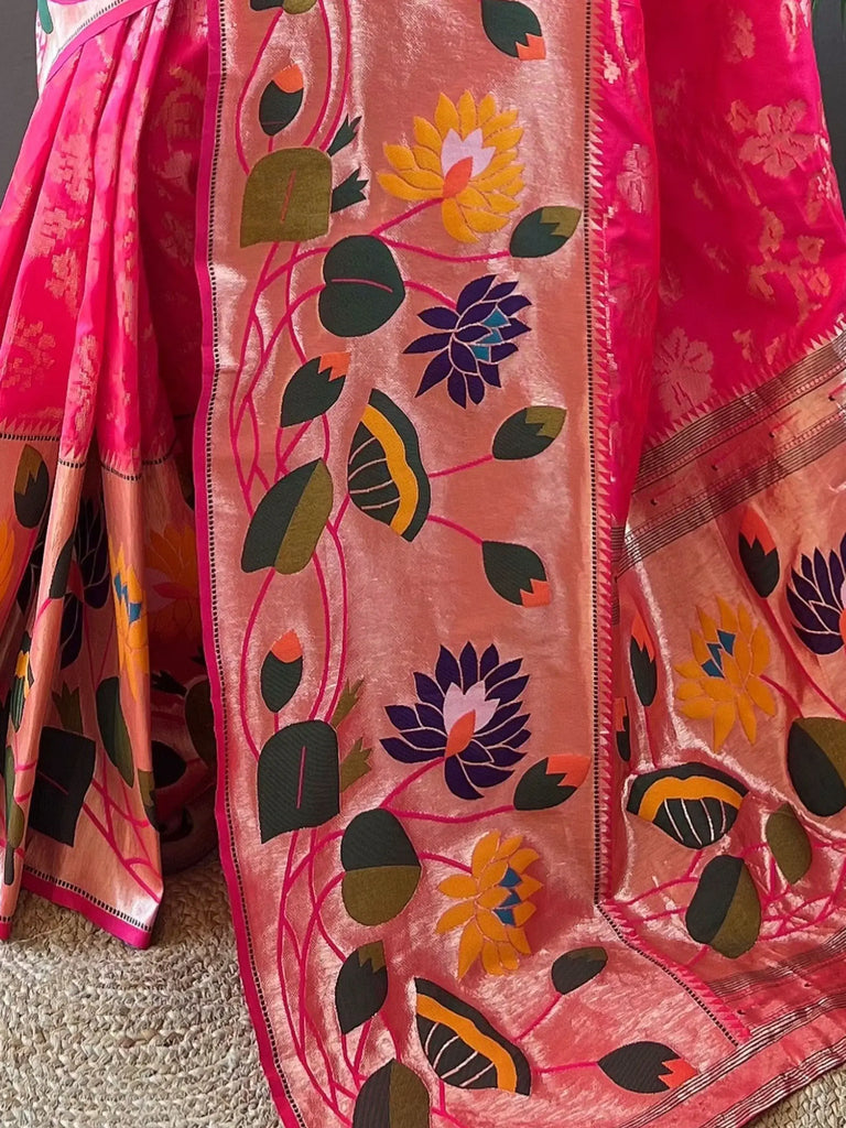 Amazing Pink Weaving Paithani Silk Festival Wear Saree With Blouse