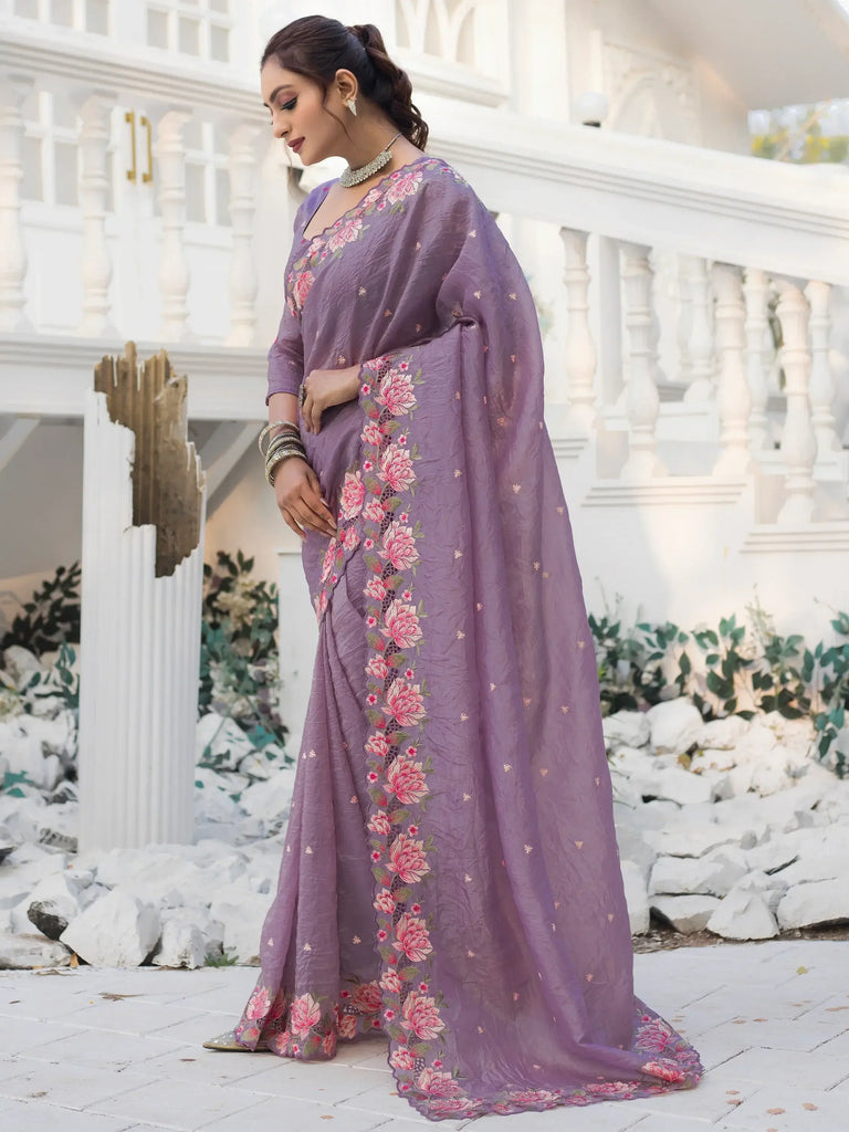 Excellent Purple Embroidered Silk Festival Wear Saree With Blouse