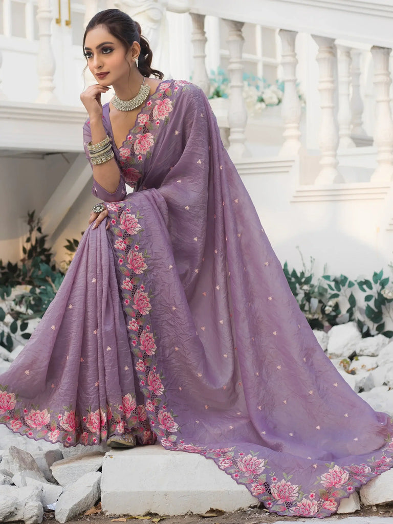 Excellent Purple Embroidered Silk Festival Wear Saree With Blouse