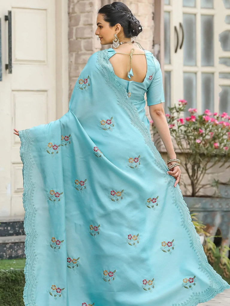 Alluring Sky Blue Embroidered Cotton Event Wear Saree With Blouse