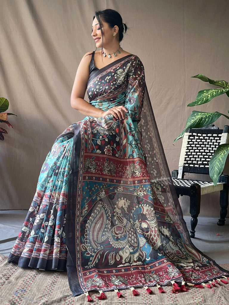 Dazzling Sky Blue Printed Cotton Function Wear Saree With Blouse