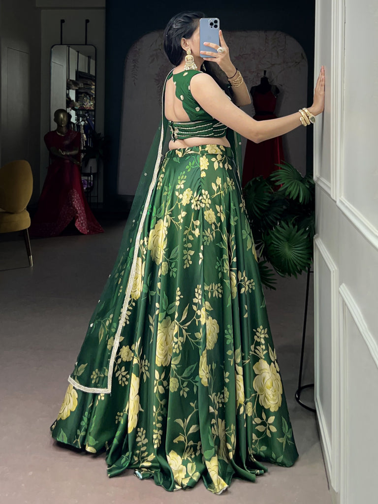 Elegant Green Floral Printed Silk Mehendi Wear Lehenga Choli With Dupatta