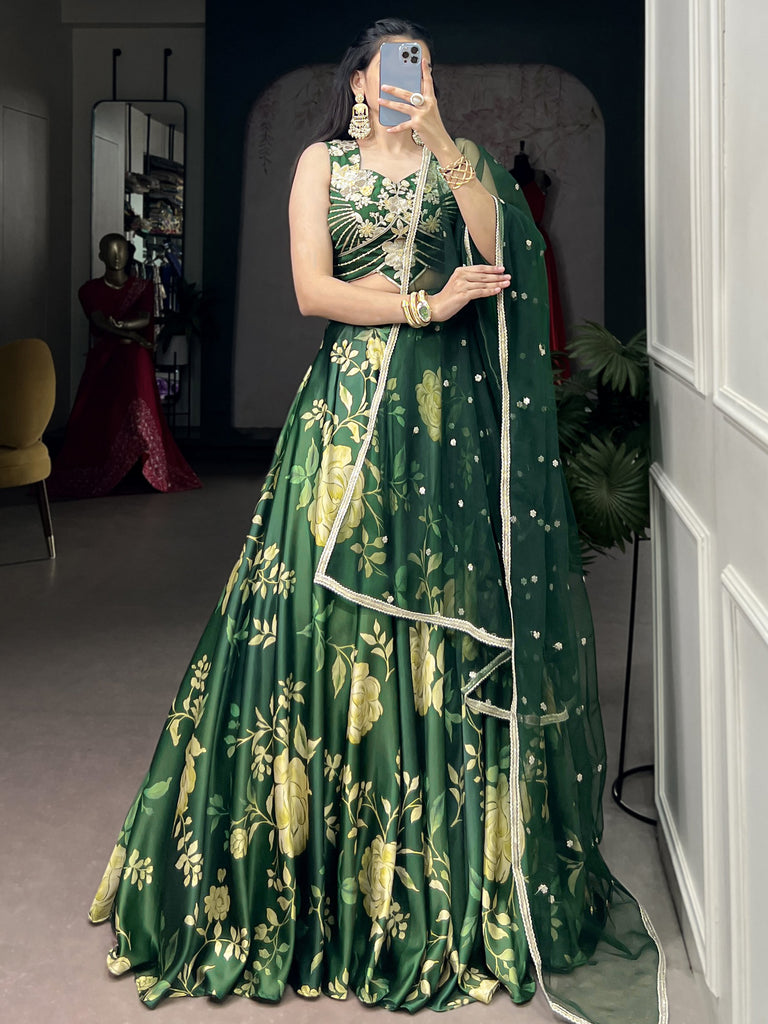 Elegant Green Floral Printed Silk Mehendi Wear Lehenga Choli With Dupatta