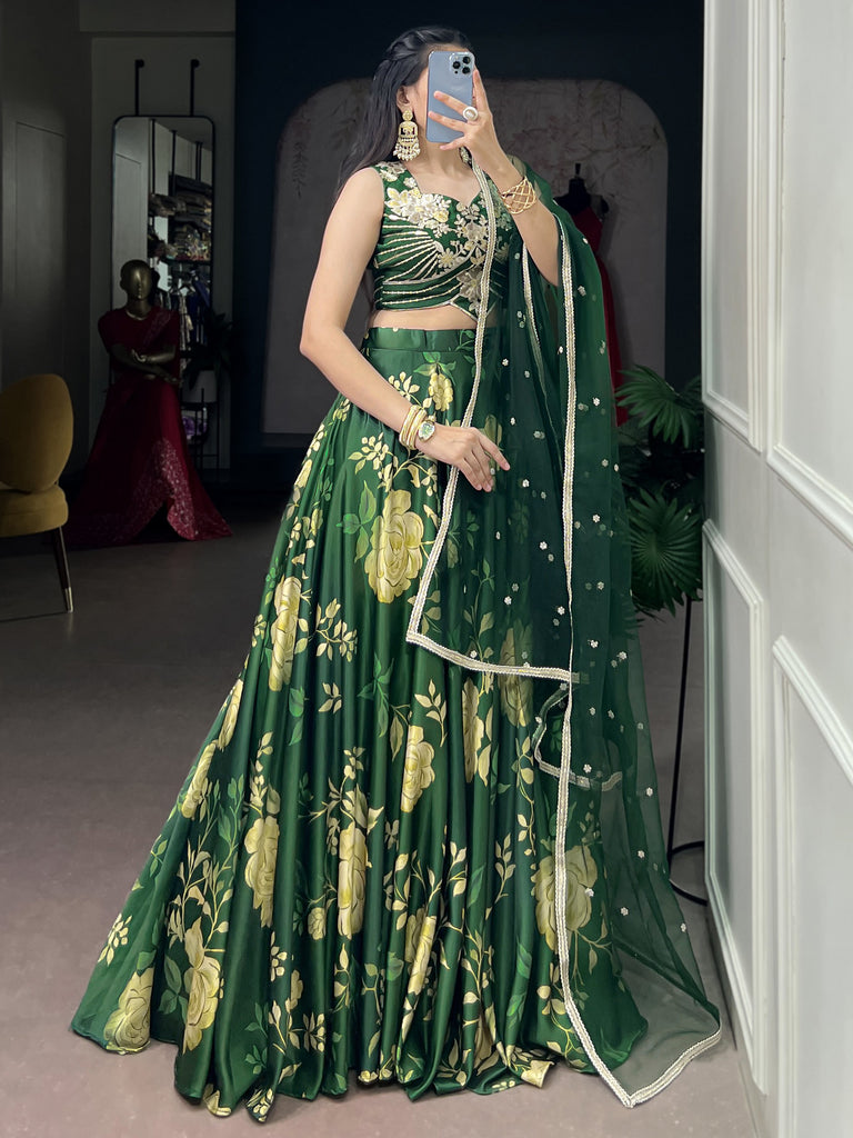 Elegant Green Floral Printed Silk Mehendi Wear Lehenga Choli With Dupatta