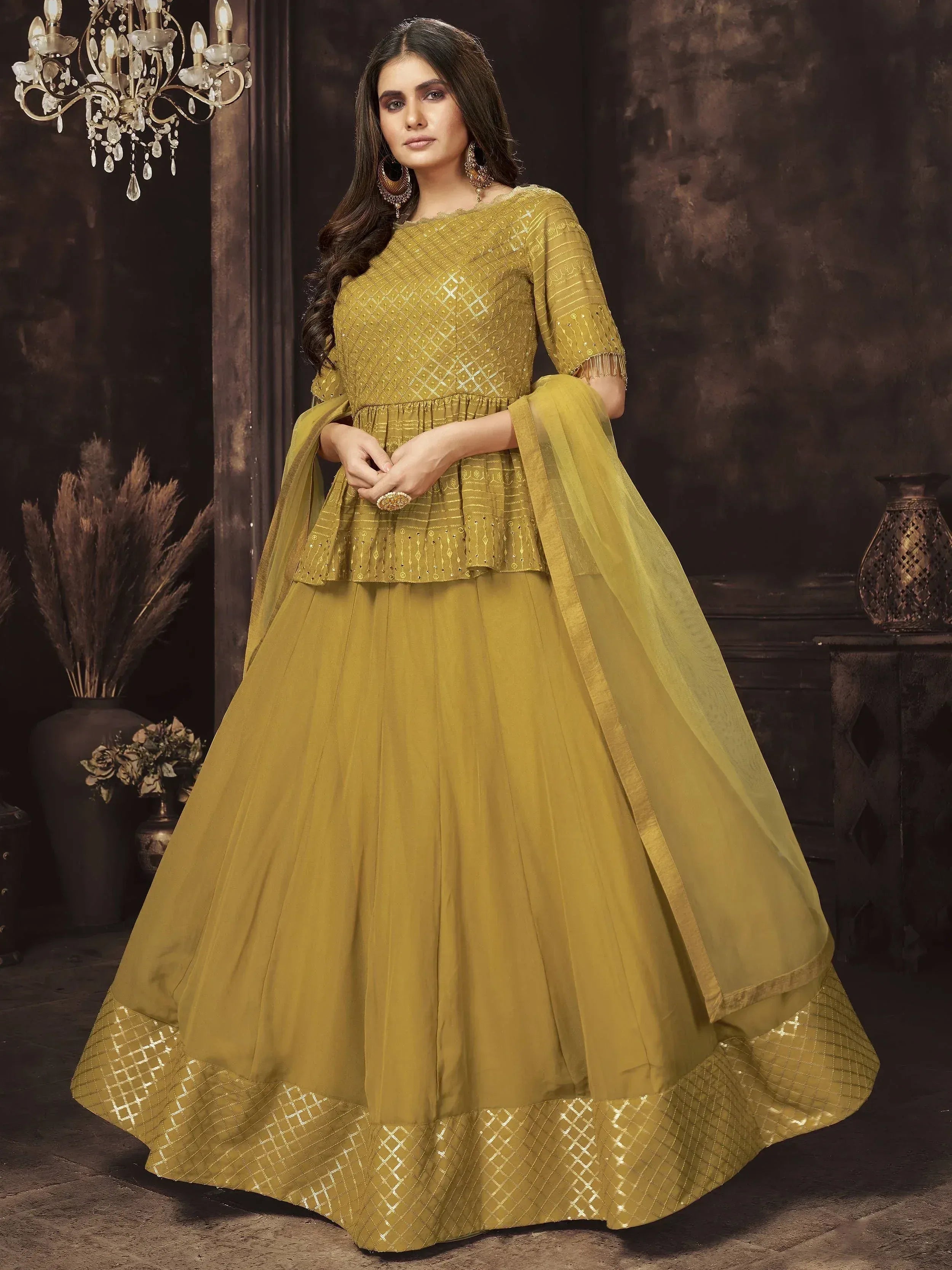 Mustard yellow designer lehenga choli with sequin work and net dupatta for Indian ethnic wear