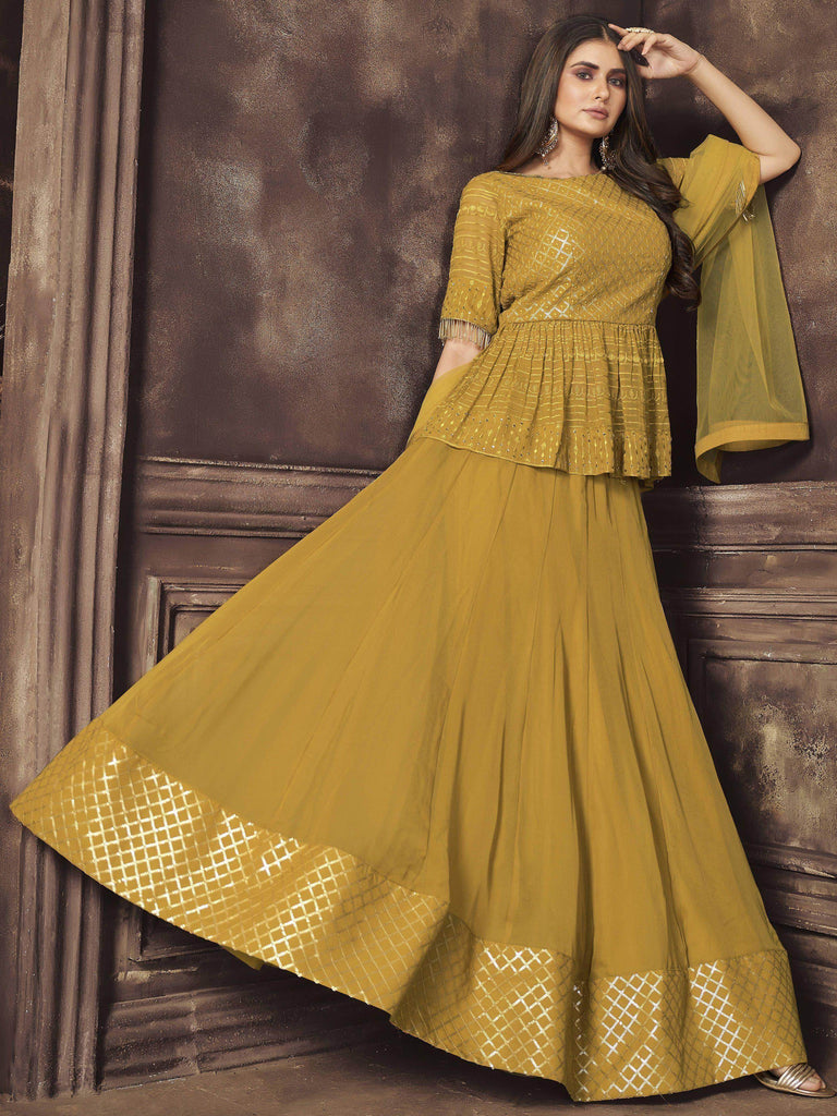 Comforting Mustard Yellow Sequins Georgette Ready Made Lehenga Suit
