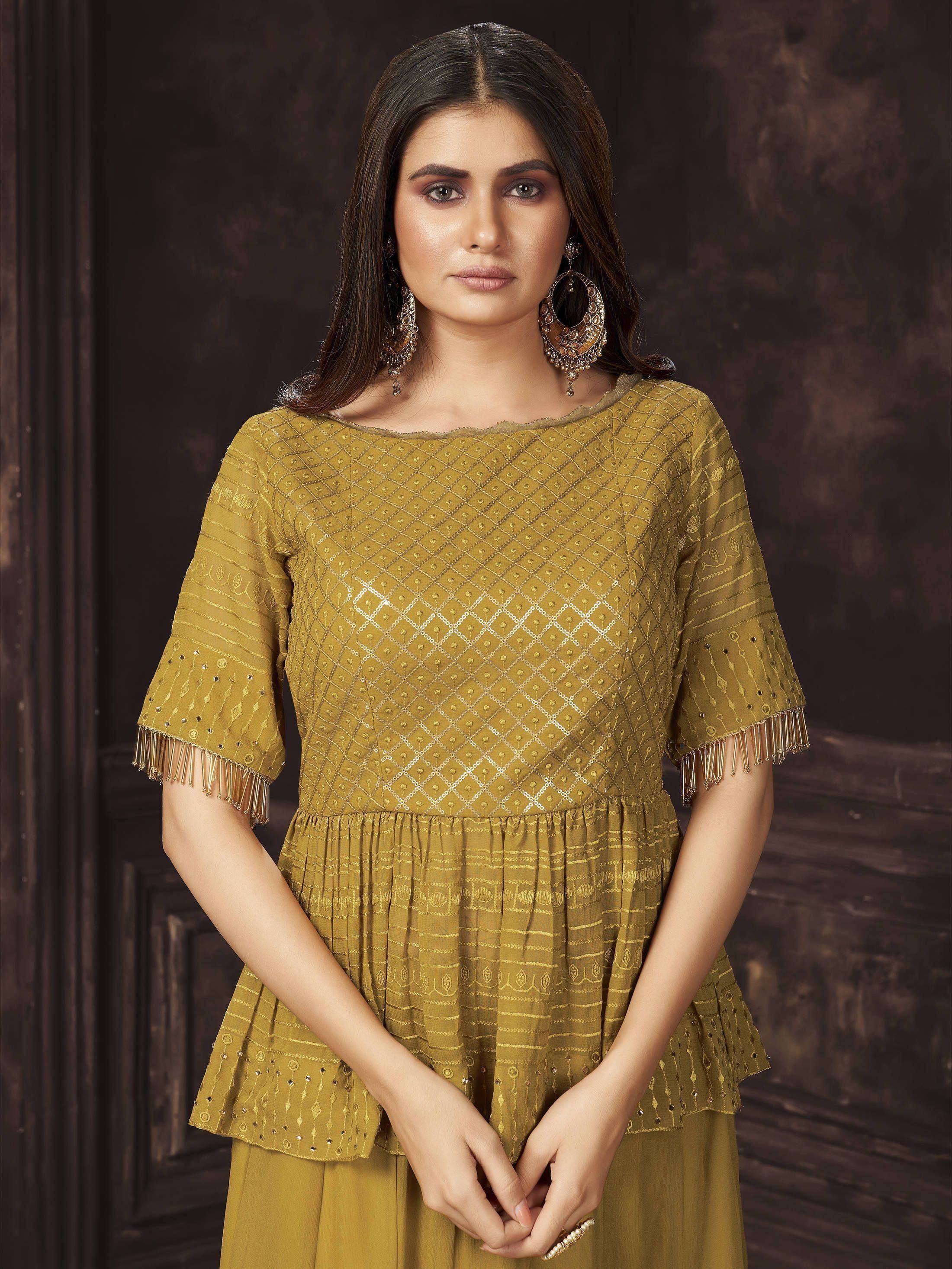 Mustard ethnic gown with sequin embroidery and fringe sleeves for women
