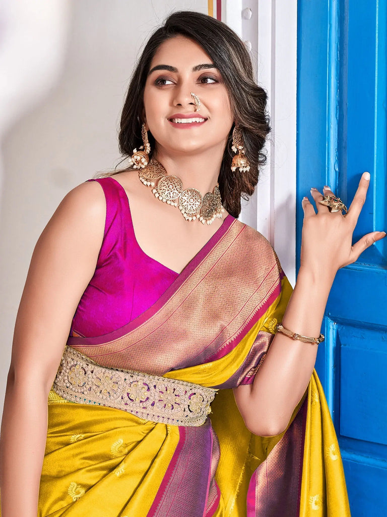 Fetching Yellow Weaving Paithani Silk Haldi Wear Saree With Blouse