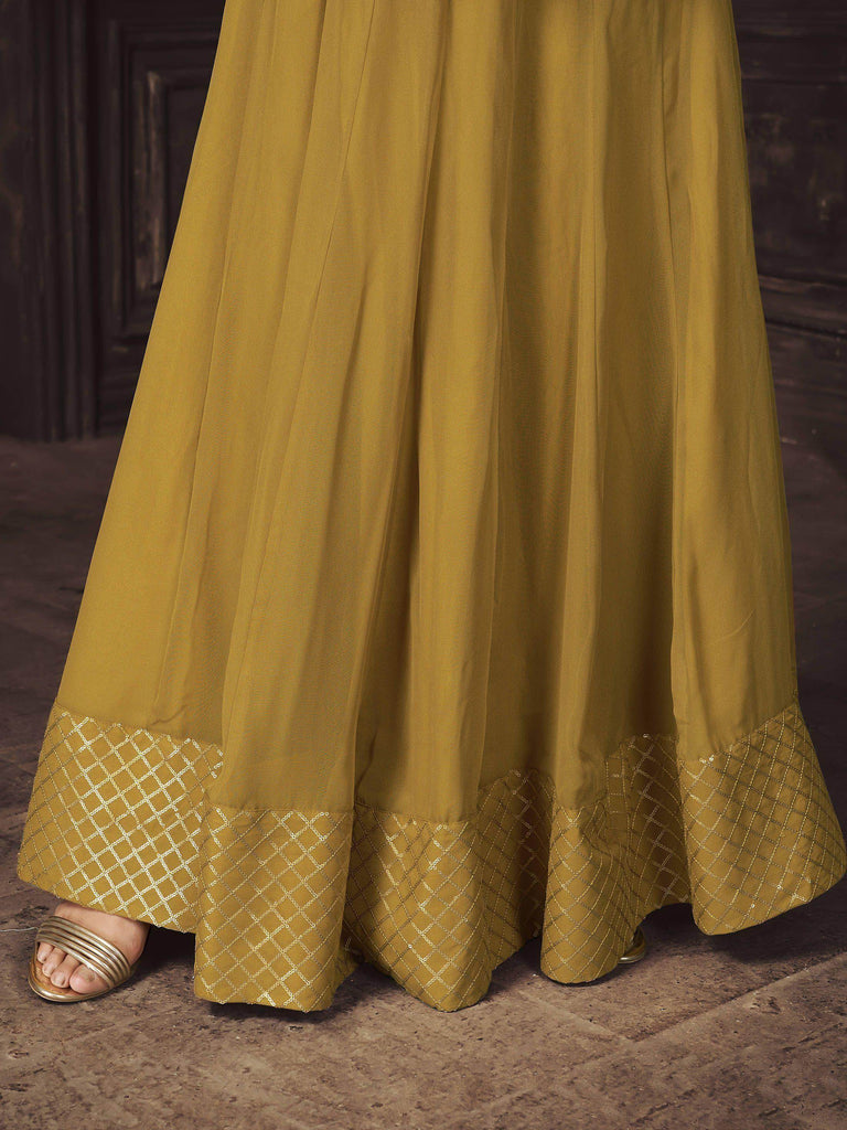 Comforting Mustard Yellow Sequins Georgette Ready Made Lehenga Suit