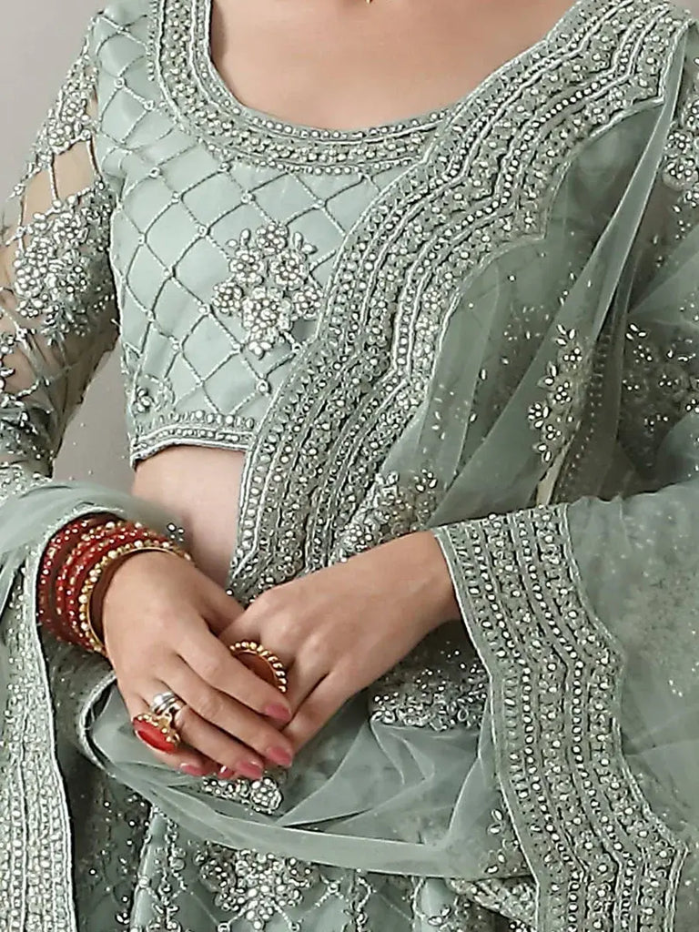 Fabulous Mint Green Net Beads Embroidered Lehenga Choli With Dupatta