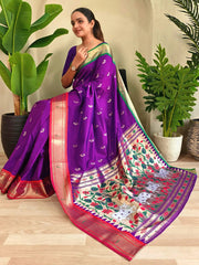 Lavishing Dark Purple Silk Paithani Weaving Traditional Saree With Blouse