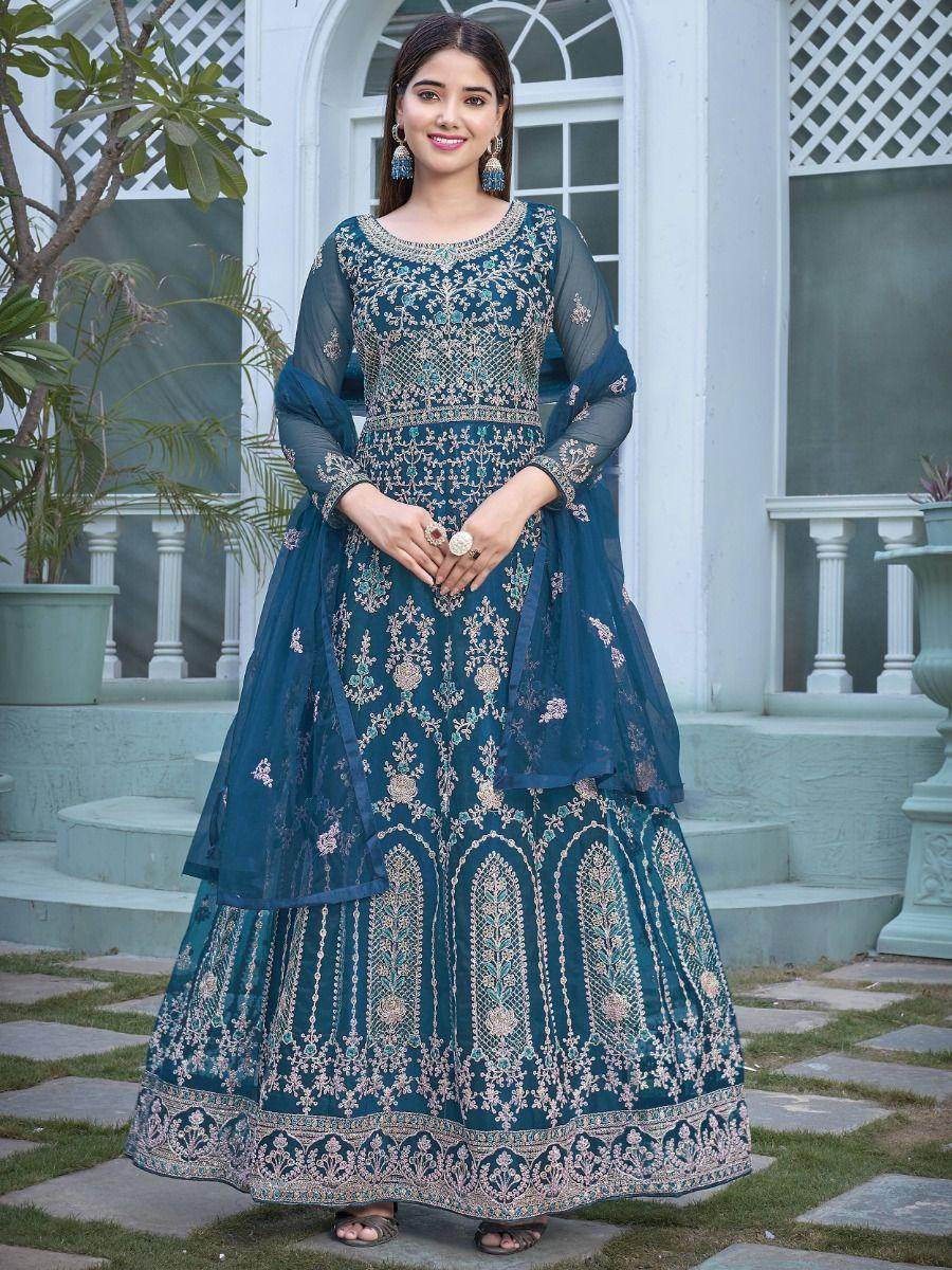 Impressive Blue Heavy Embroidery Net Wedding Wear Gown
