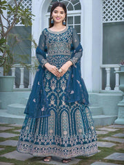 Impressive Blue Heavy Embroidery Net Wedding Wear Gown