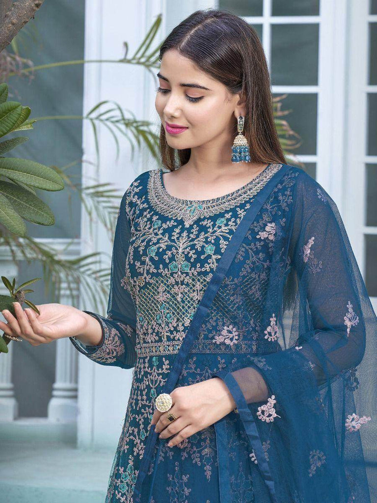 Impressive Blue Heavy Embroidery Net Wedding Wear Gown