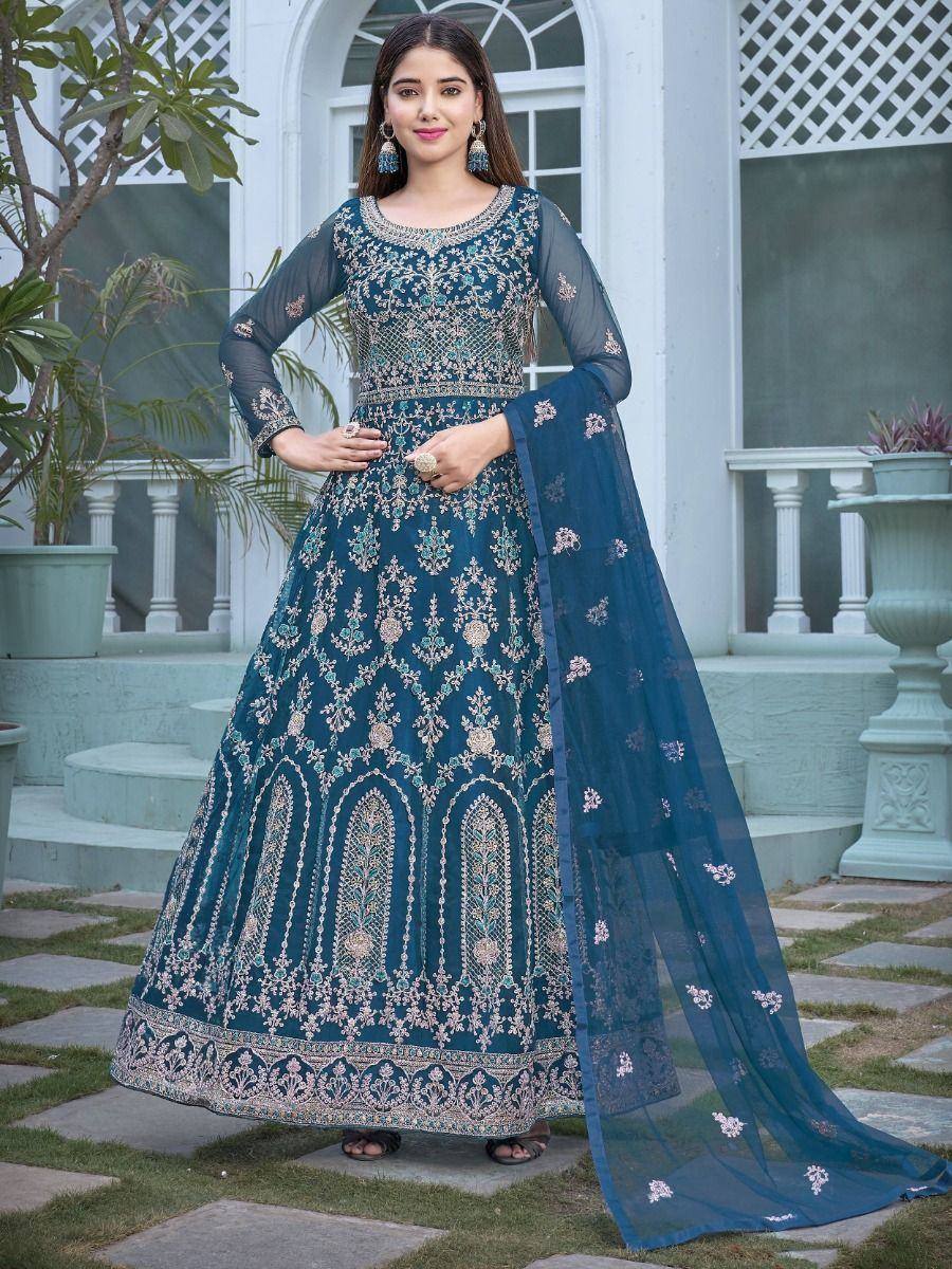 Teal embroidered anarkali suit with sheer sleeves and dupatta, perfect for Indian ethnic occasions