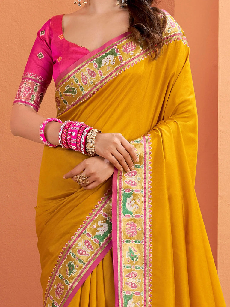 Adorning Mustard Yellow Patola Silk Weaving Haldi Wear Saree