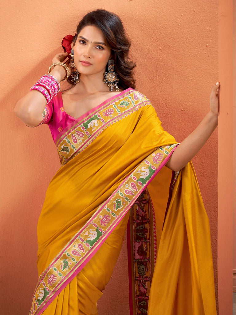 Adorning Mustard Yellow Patola Silk Weaving Haldi Wear Saree