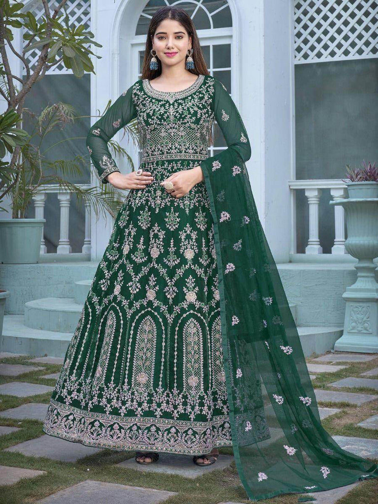 Marvelous Green Embroidered Net Reception Wear Gown With Dupatta