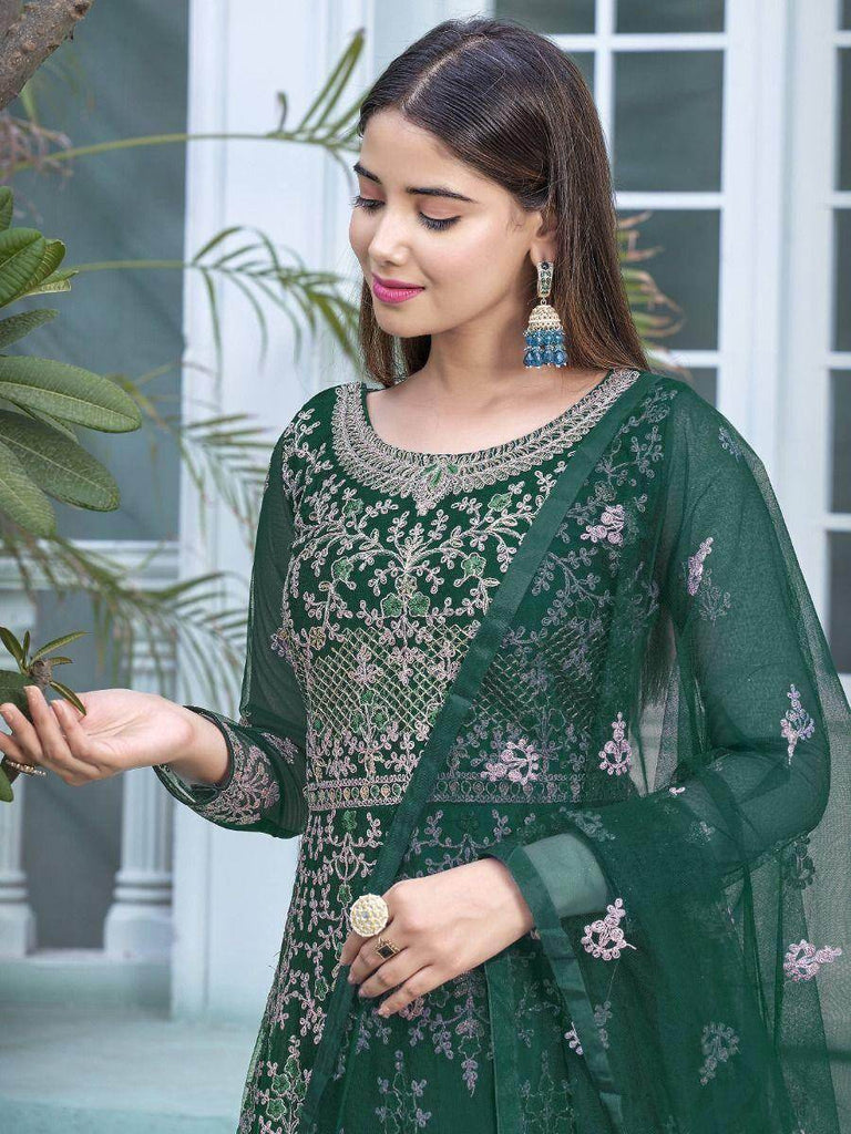 Marvelous Green Embroidered Net Reception Wear Gown With Dupatta
