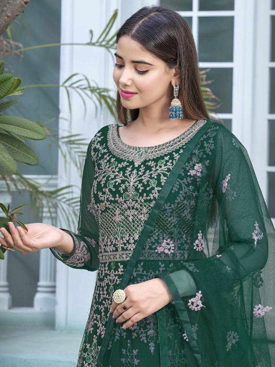 Green embroidered salwar kameez with floral detailing and sheer dupatta, perfect for ethnic occasions.