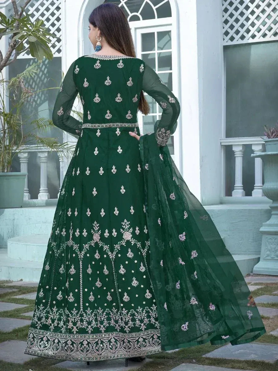 Emerald green embroidered anarkali suit with sheer sleeves and dupatta, perfect for Indian ethnic occasions