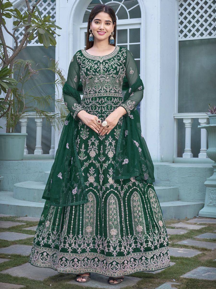 Emerald green embroidered anarkali suit with sheer sleeves, perfect for Indian ethnic occasions