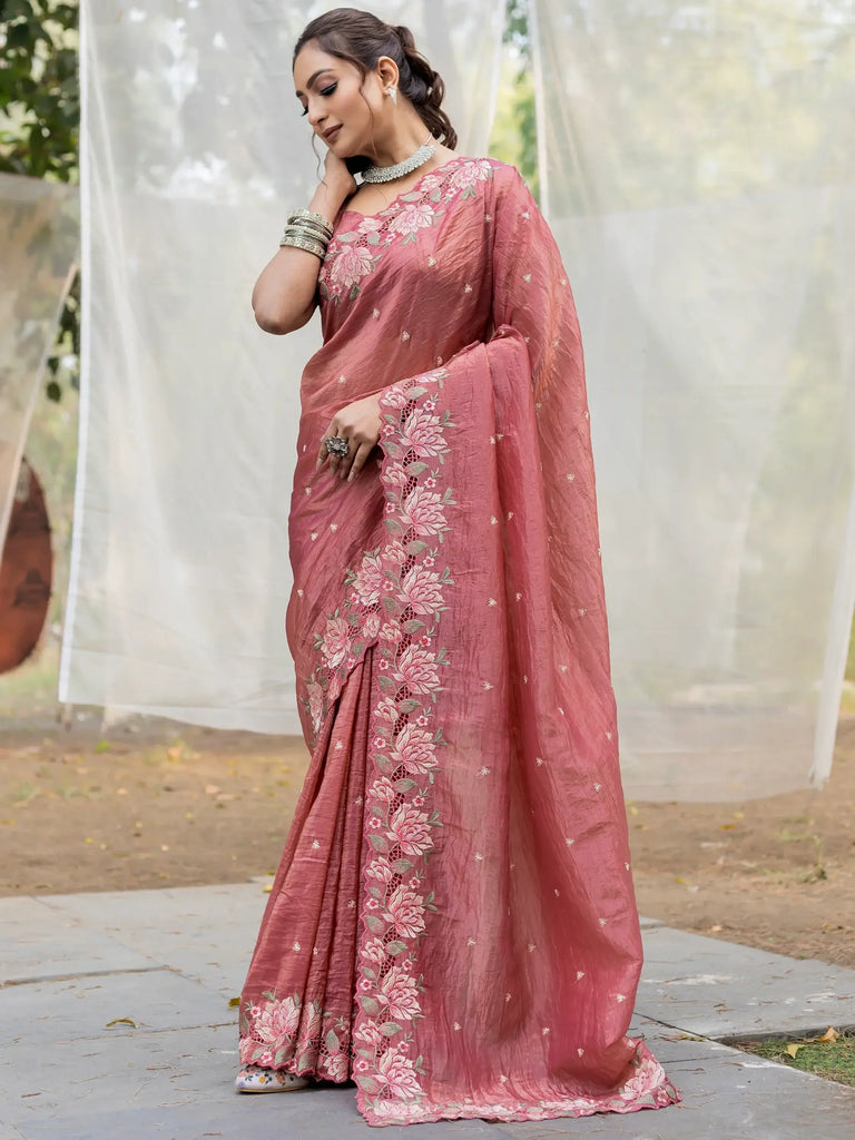 Amazing Coral Pink Embroidered Silk Event Wear Saree With Blouse