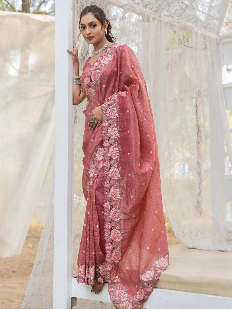 Amazing Coral Pink Embroidered Silk Event Wear Saree With Blouse