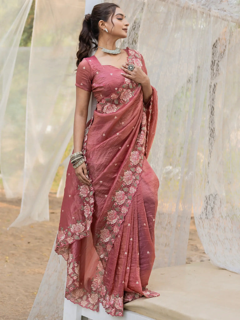 Amazing Coral Pink Embroidered Silk Event Wear Saree With Blouse