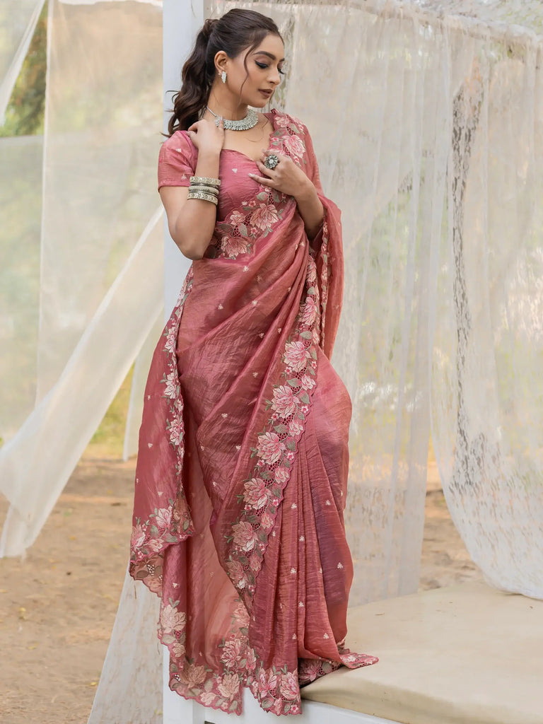 Amazing Coral Pink Embroidered Silk Event Wear Saree With Blouse