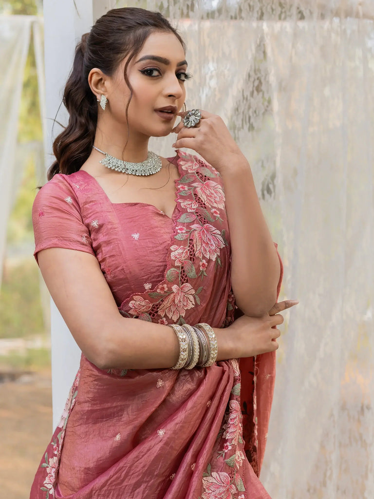 Amazing Coral Pink Embroidered Silk Event Wear Saree With Blouse