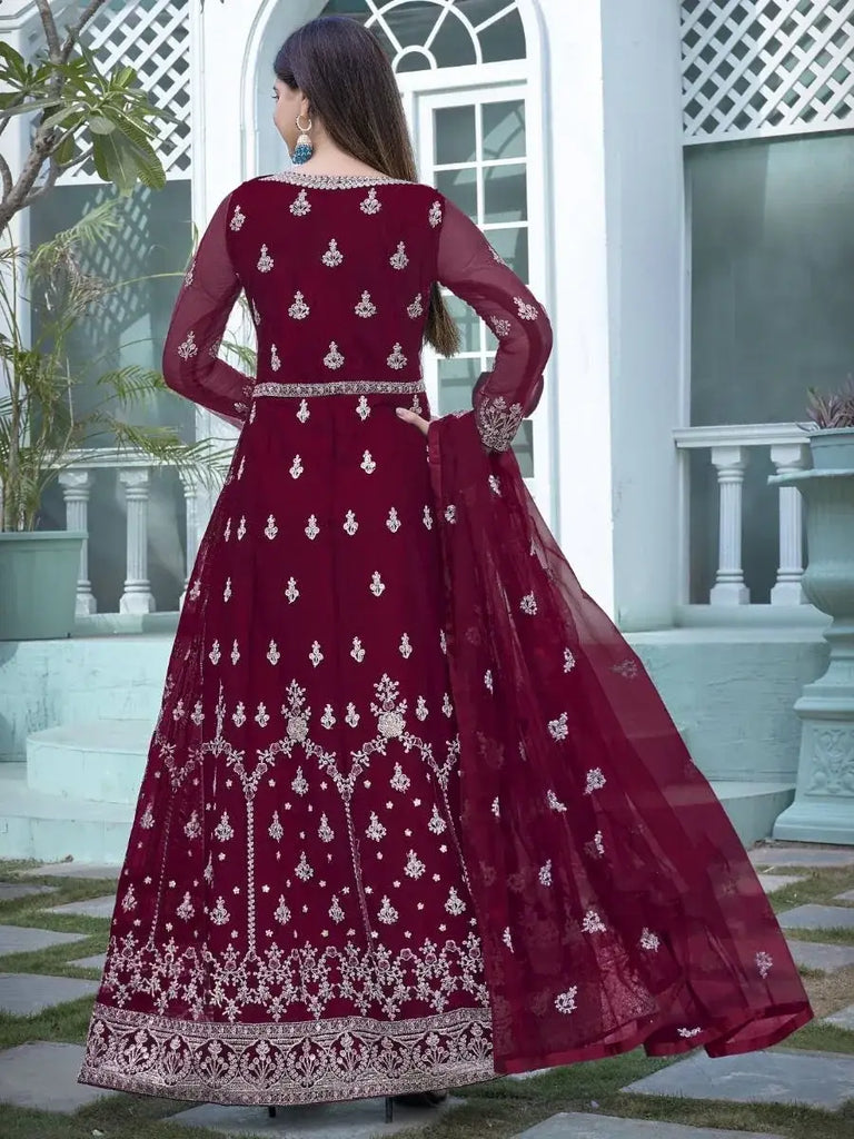 Alluring Maroon Embroidered Net Engagement Wear Gown With Dupatta