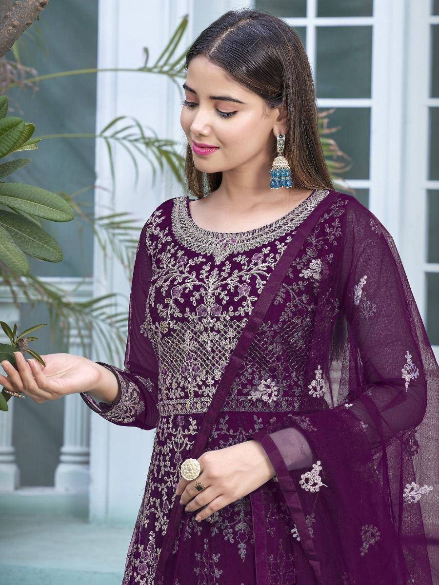 Elegant purple embroidered salwar kameez with sheer dupatta, perfect for Indian ethnic occasions