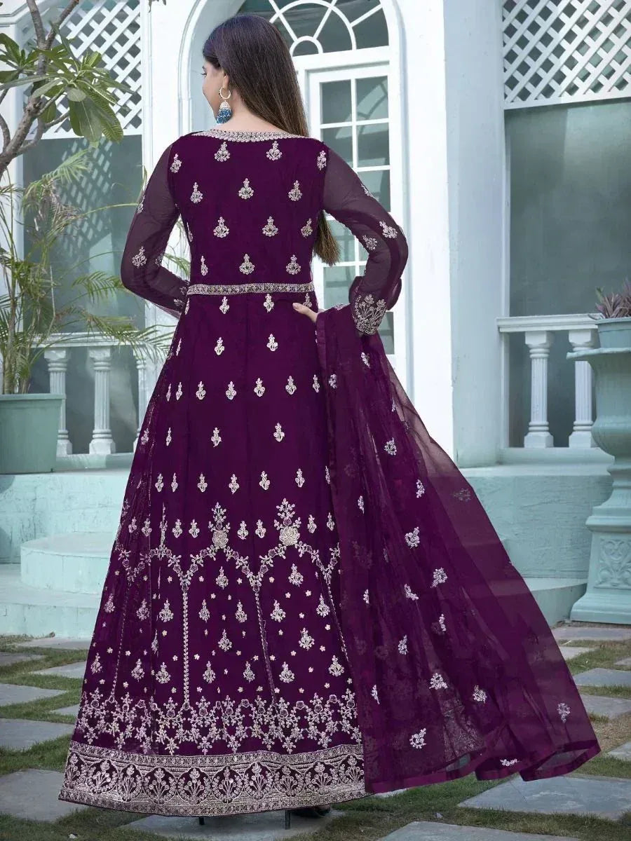 Purple embroidered anarkali suit with net dupatta, perfect for Indian ethnic occasions