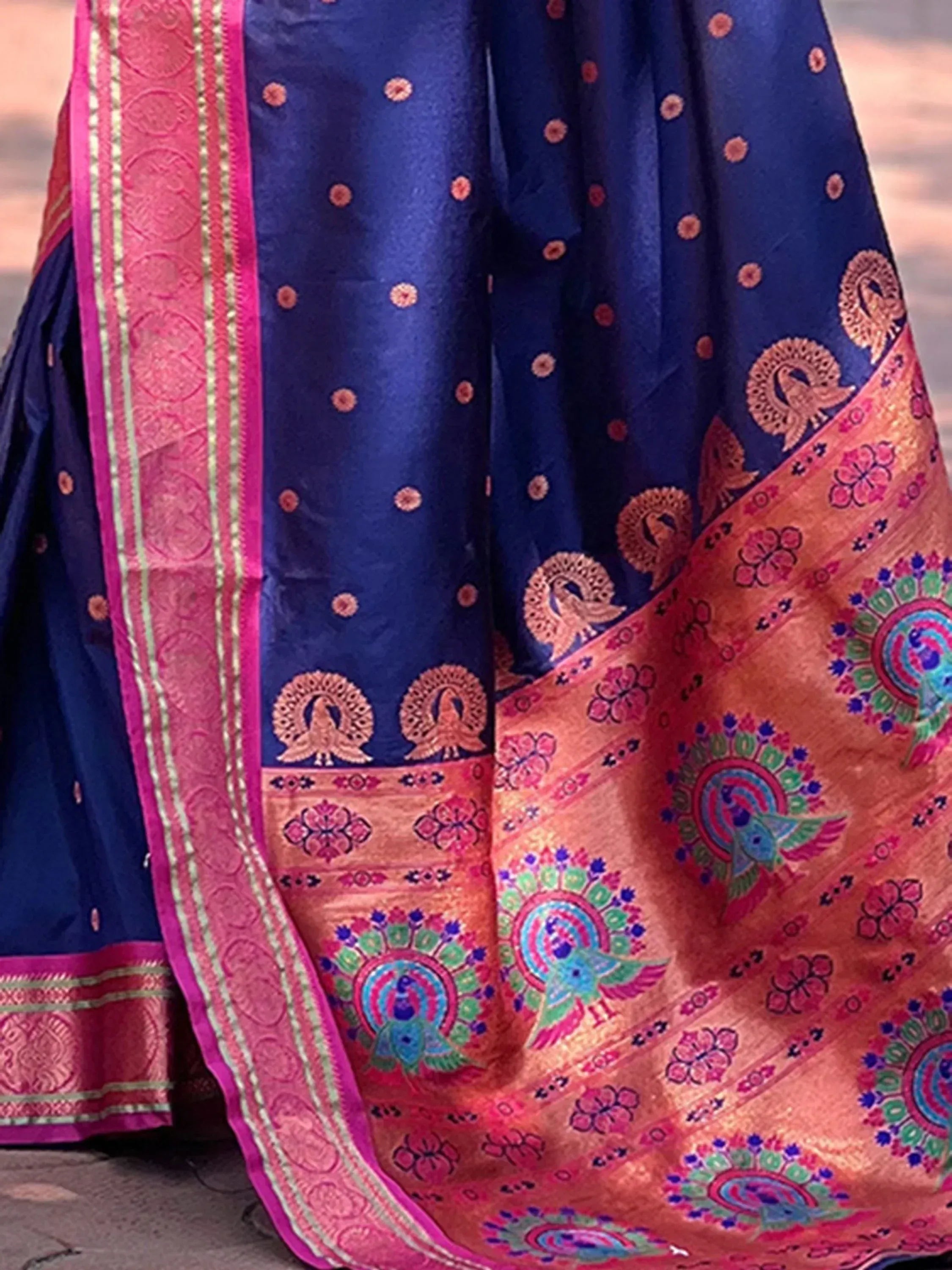 Blue and pink ethnic lehenga with peacock embroidery and floral border, Indian designer wear