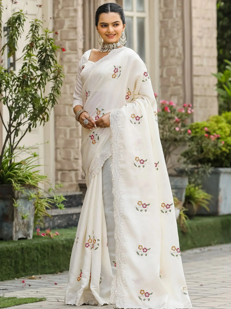 Magnetic Off White Embroidered Cotton Event Wear Saree With Blouse