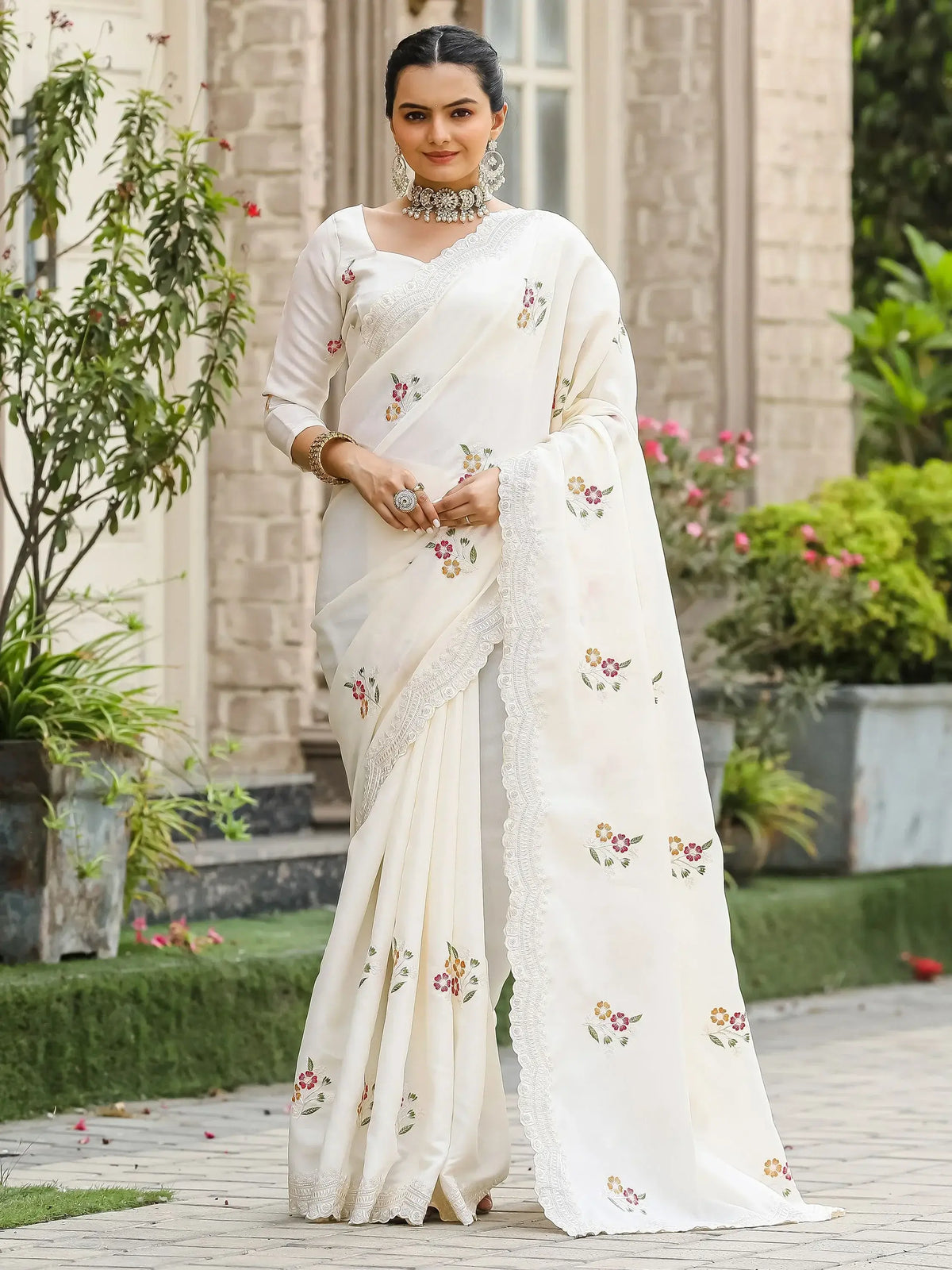 Magnetic Off White Embroidered Cotton Event Wear Saree With Blouse