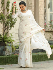 Magnetic Off White Embroidered Cotton Event Wear Saree With Blouse