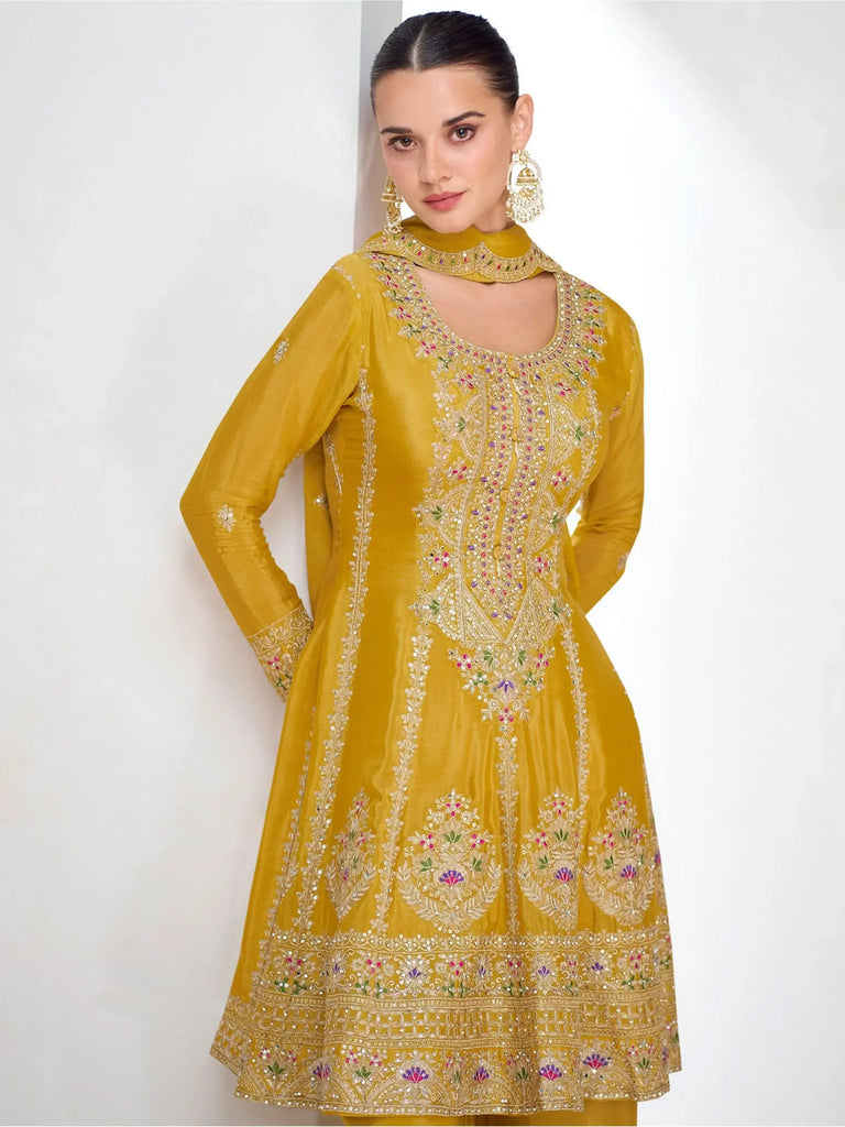 Desirable Mustard Color Embroidered Chinon Haldi Wear Palazzo Suit