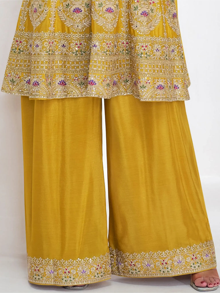 Desirable Mustard Color Embroidered Chinon Haldi Wear Palazzo Suit