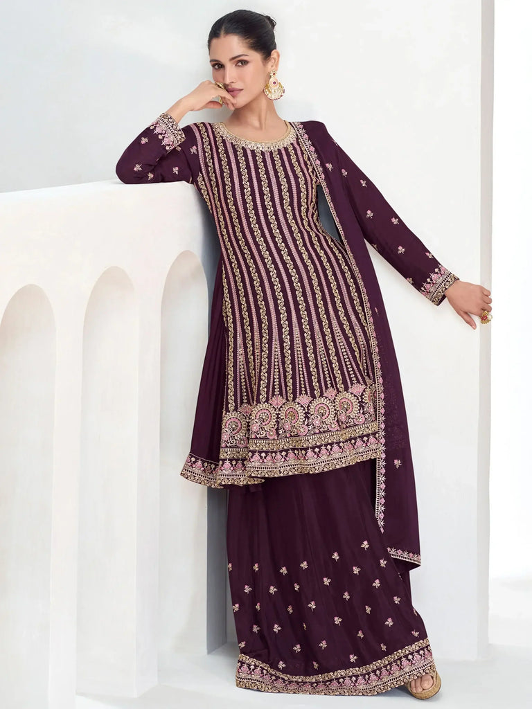 Alluring Wine Color Embroidered Chinon Function Wear Palazzo Suit