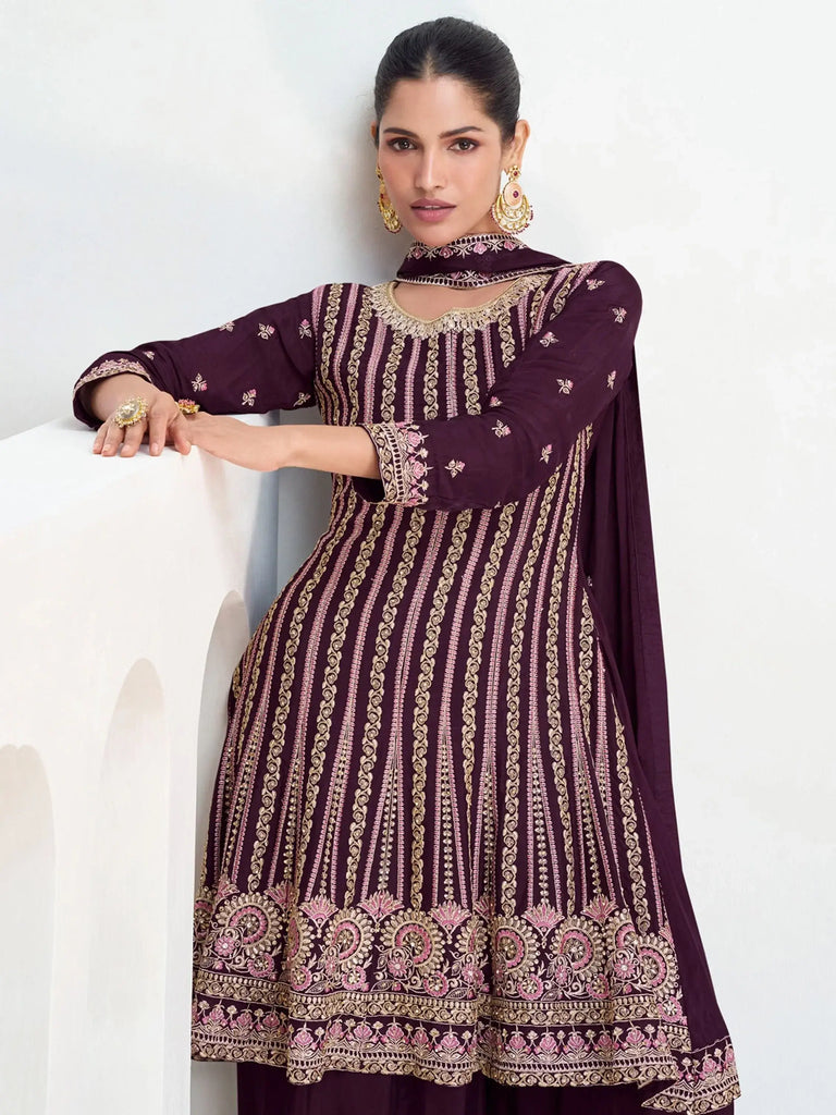 Alluring Wine Color Embroidered Chinon Function Wear Palazzo Suit