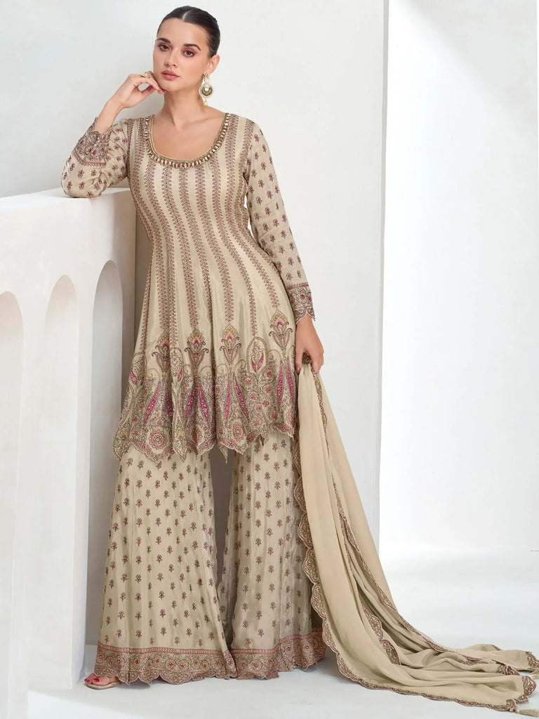 Glamorous Beige Color Embroidered Chinon Event Wear Palazzo Suit