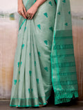 Artistic Green Cotton Weaving Festival Wear Saree With Blouse