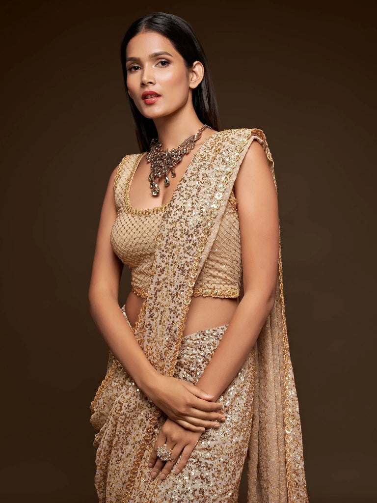 Ivory Fully Sequined Georgette Party Wear Saree