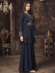 Alluring Navy Blue Embroidered Chinnon Ready Made Sharara Suit